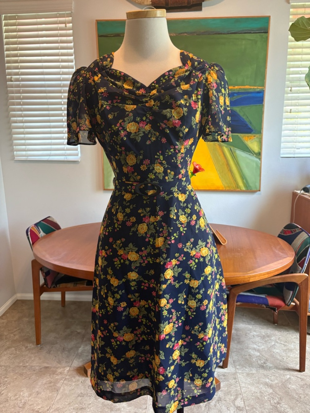 Vintage 70s Navy Floral Fit-and-Flare Dress with Belt